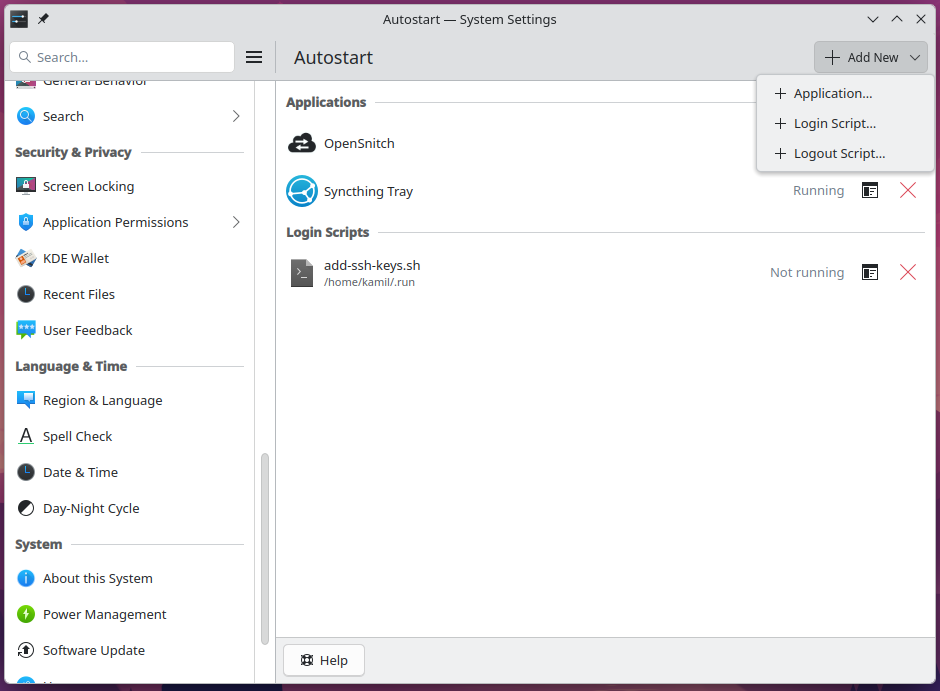 KDE Settings - Autostart with opened menu to Add New